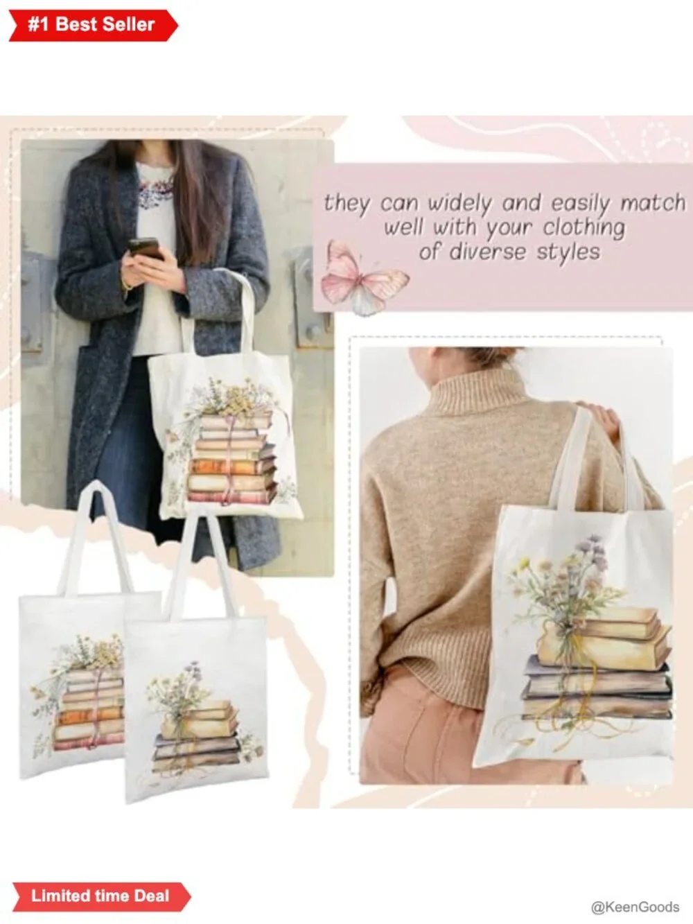 8Pc Canvas Tote Bags Book Lovers Reusable Grocery Bag Set